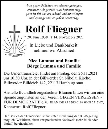 Traueranzeige von Rolf Fliegner von Lübecker Nachrichten