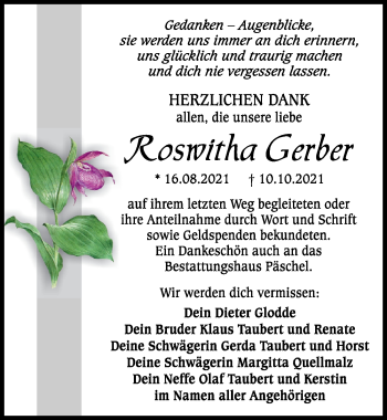 Traueranzeige von Roswitha Gerber von Leipziger Volkszeitung