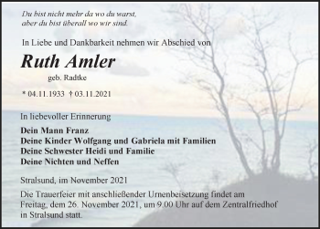 Traueranzeige von Ruth Amler von Ostsee-Zeitung GmbH