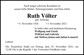 Traueranzeige von Ruth Völter von Lübecker Nachrichten