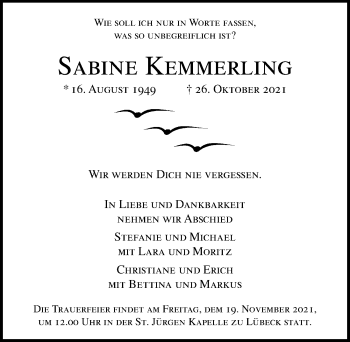 Traueranzeige von Sabine Kemmerling von Lübecker Nachrichten