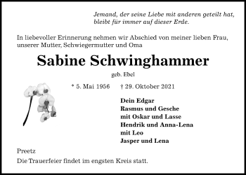 Traueranzeige von Sabine Schwinghammer von Kieler Nachrichten