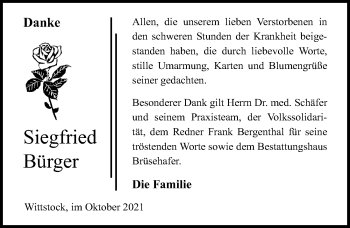 Traueranzeige von Siegfried Bürger von Märkischen Allgemeine Zeitung