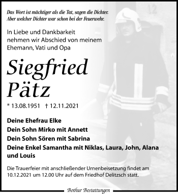 Traueranzeige von Siegfried Pätz von Leipziger Volkszeitung