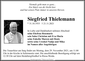 Traueranzeige von Siegfried Thielemann von Leipziger Volkszeitung