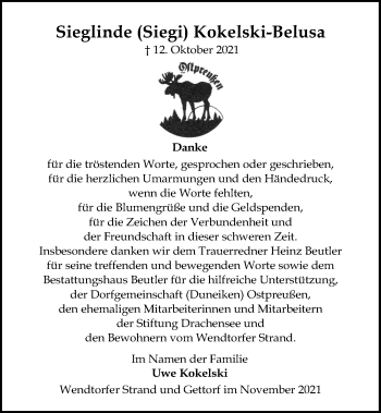 Traueranzeige von Sieglinde Kokelski-Belusa von Kieler Nachrichten