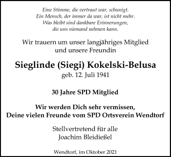 Traueranzeige von Sieglinde Kokelski-Belusa von Kieler Nachrichten