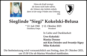 Traueranzeige von Sieglinde Kokelski-Belusa von Kieler Nachrichten