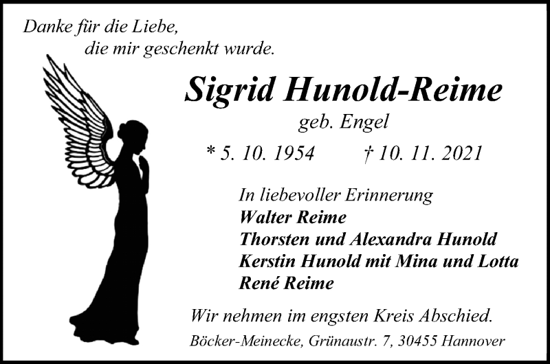  Traueranzeige für Sigrid Hunold-Reime vom 20.11.2021 aus Hannoversche Allgemeine Zeitung/Neue Presse