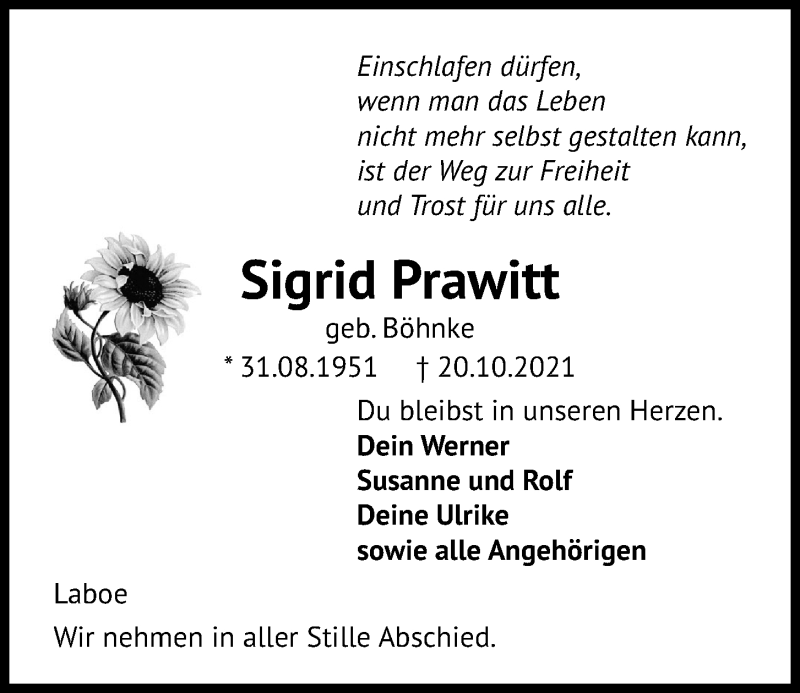  Traueranzeige für Sigrid Prawitt vom 23.10.2021 aus Kieler Nachrichten