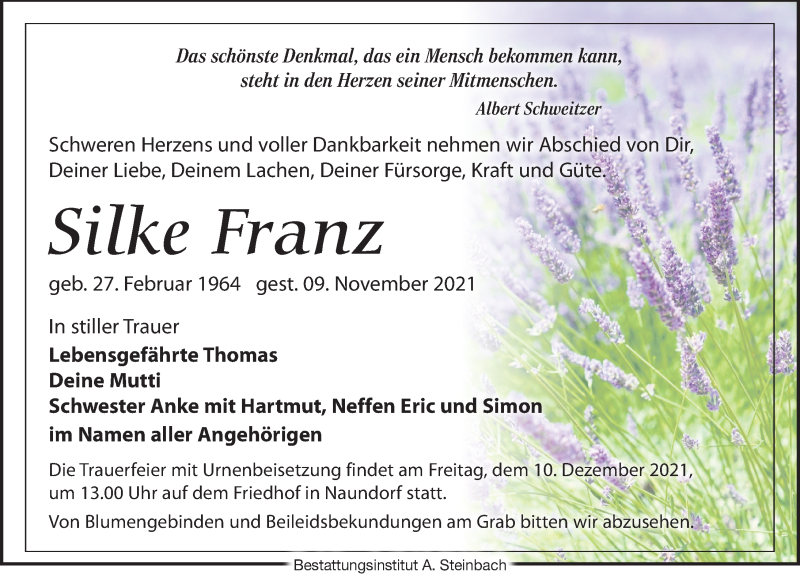  Traueranzeige für Silke Franz vom 27.11.2021 aus Leipziger Volkszeitung