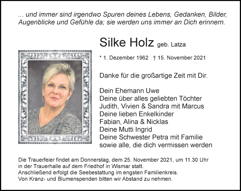  Traueranzeige für Silke Holz vom 20.11.2021 aus Ostsee-Zeitung GmbH