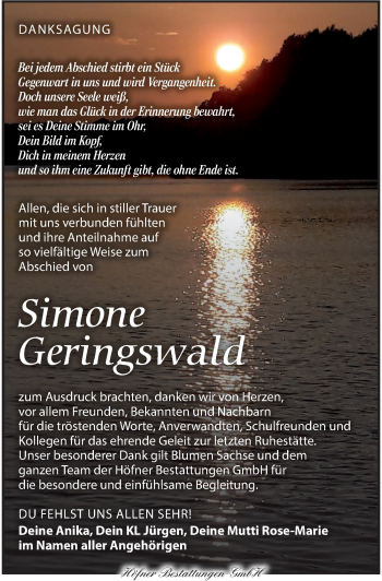 Traueranzeige von Simone Geringswald von Torgauer Zeitung
