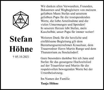 Traueranzeige von Stefan Höhne von Lübecker Nachrichten