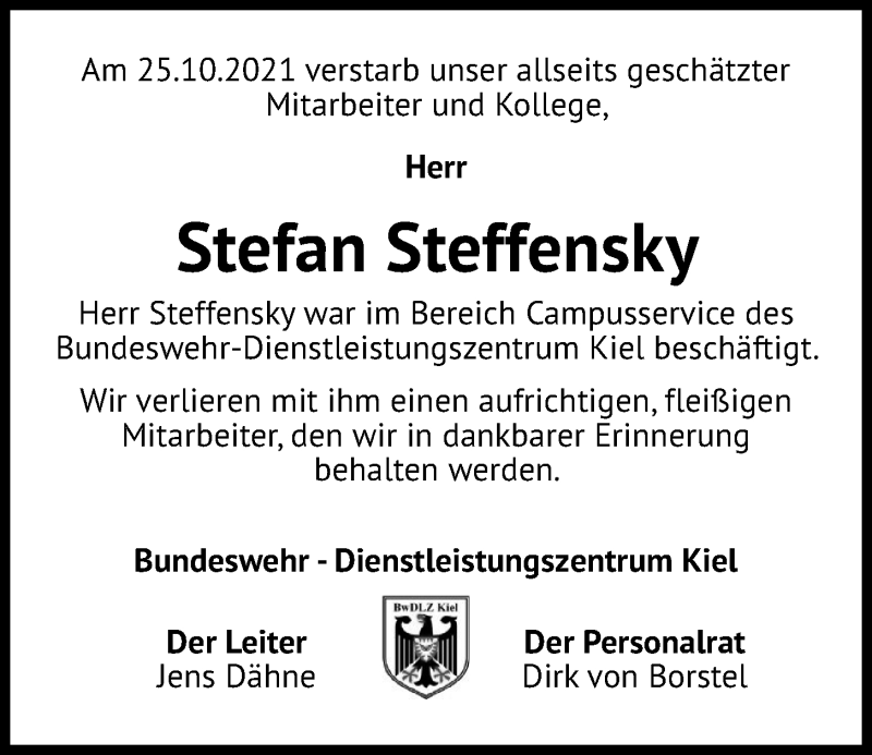  Traueranzeige für Stefan Steffensky vom 30.10.2021 aus Kieler Nachrichten