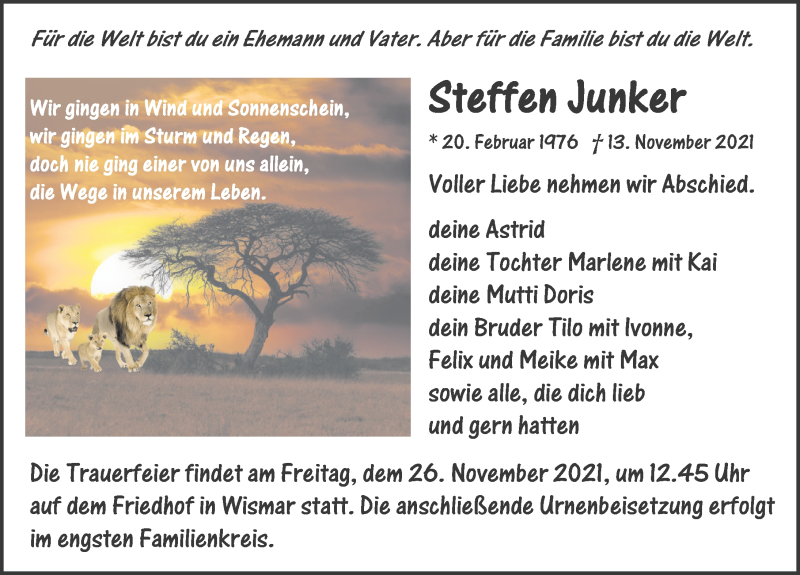  Traueranzeige für Steffen Junker vom 20.11.2021 aus Ostsee-Zeitung GmbH