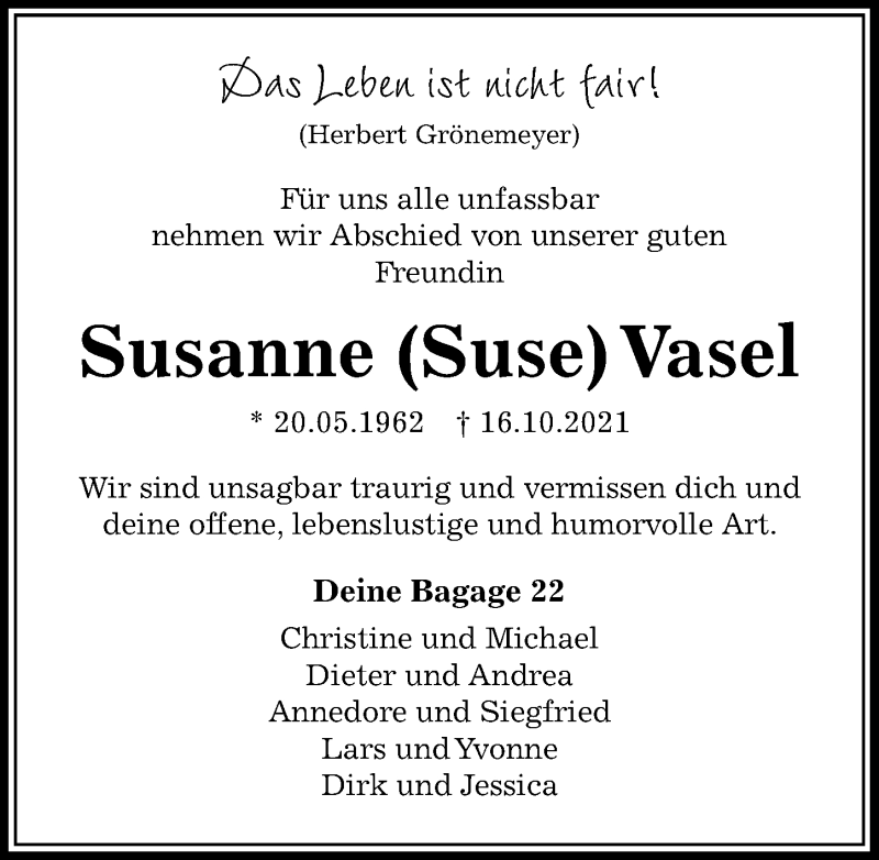  Traueranzeige für Susanne Vasel vom 06.11.2021 aus Peiner Allgemeine Zeitung