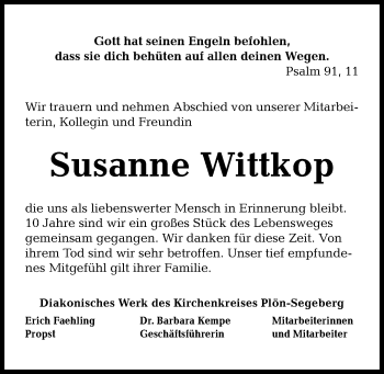 Traueranzeige von Susanne Wittkop von Kieler Nachrichten