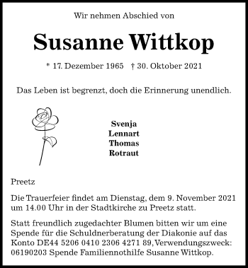 Traueranzeige von Susanne Wittkop von Kieler Nachrichten