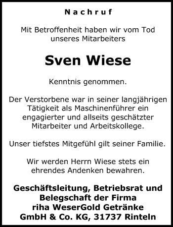 Traueranzeige von Sven Wiese von Schaumburger Nachrichten