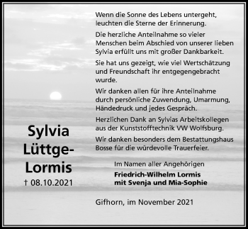 Traueranzeige von Sylvia Lüttge-Lormis von Aller Zeitung