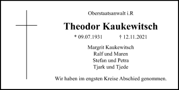 Traueranzeige von Theodor Kaukewitsch von Lübecker Nachrichten