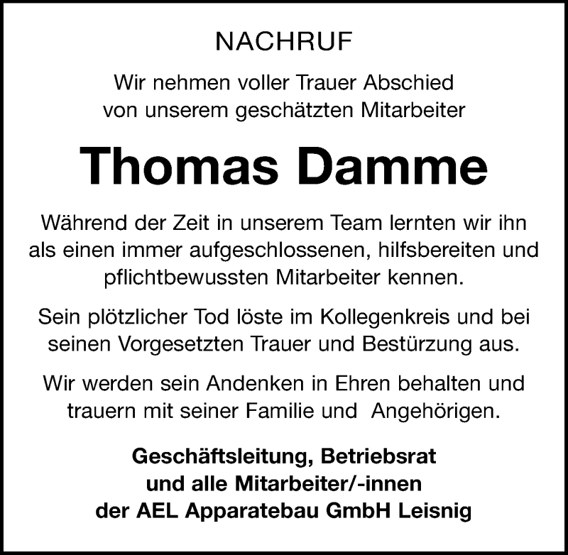  Traueranzeige für Thomas Damme vom 27.11.2021 aus Leipziger Volkszeitung