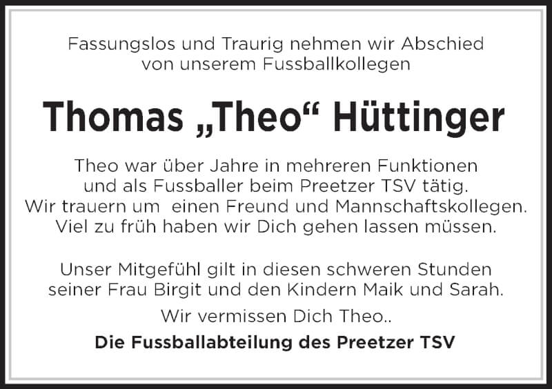  Traueranzeige für Thomas Hüttinger vom 27.11.2021 aus Kieler Nachrichten