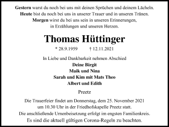 Traueranzeige von Thomas Hüttinger von Kieler Nachrichten