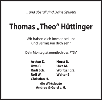 Traueranzeige von Thomas Hüttinger von Kieler Nachrichten