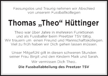 Traueranzeige von Thomas Hüttinger von Kieler Nachrichten