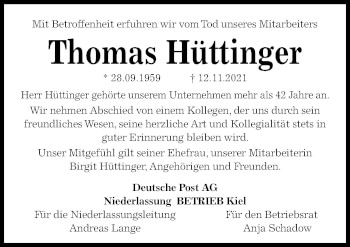 Traueranzeige von Thomas Hüttinger von Kieler Nachrichten