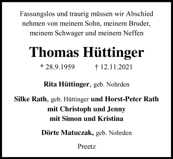 Traueranzeige von Thomas Hüttinger von Kieler Nachrichten