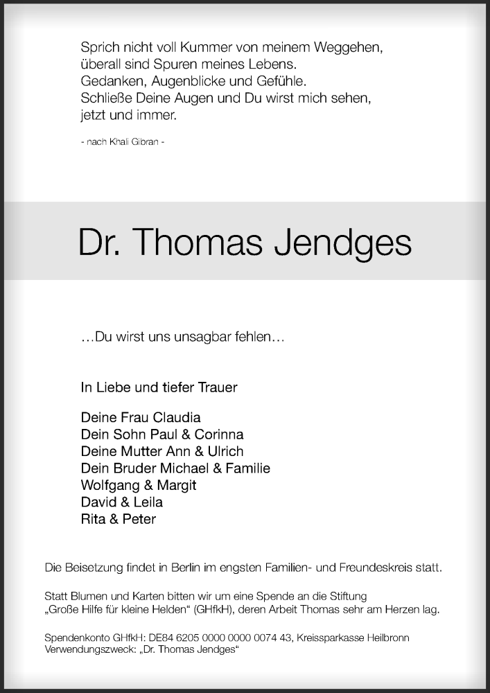  Traueranzeige für Thomas Jendges vom 13.11.2021 aus Leipziger Volkszeitung