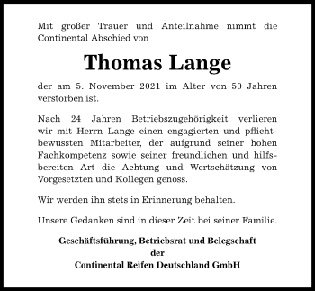 Traueranzeige von Thomas Lange von Leipziger Volkszeitung