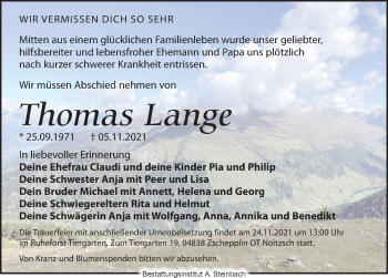 Traueranzeige von Thomas Lange von Leipziger Volkszeitung