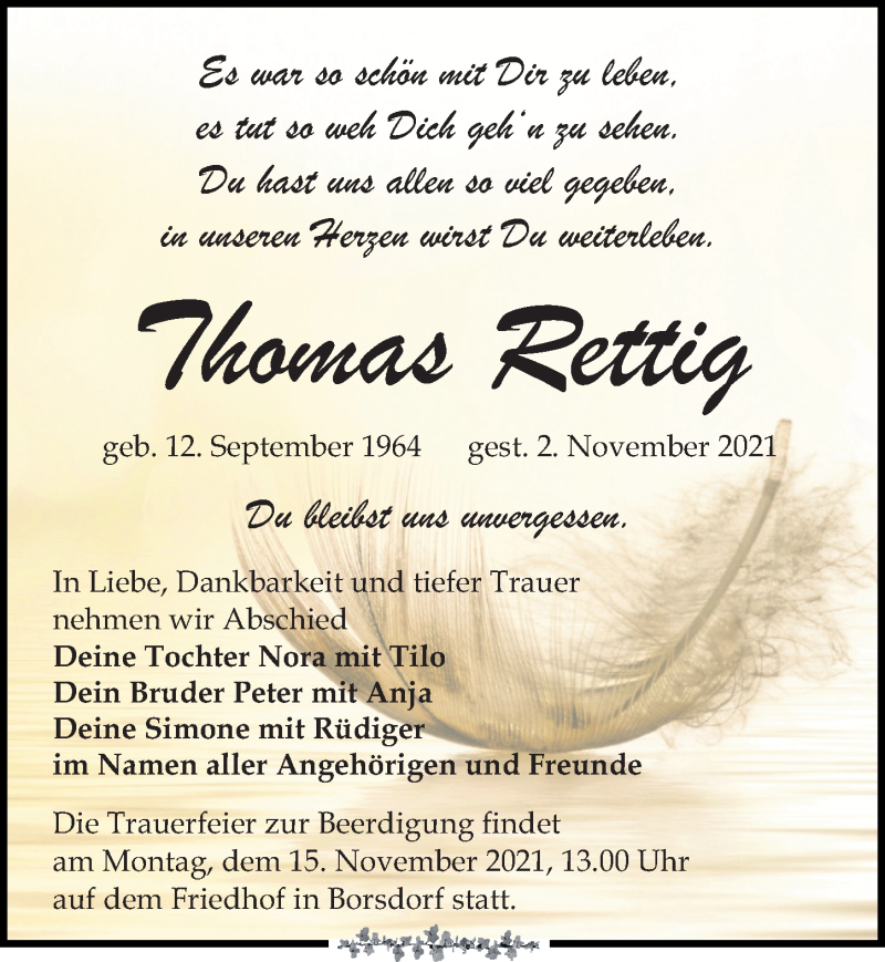  Traueranzeige für Thomas Rettig vom 10.11.2021 aus Leipziger Volkszeitung