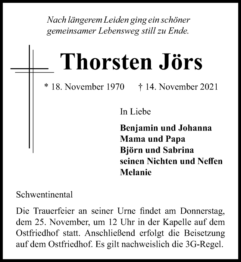  Traueranzeige für Thorsten Jörs vom 20.11.2021 aus Kieler Nachrichten