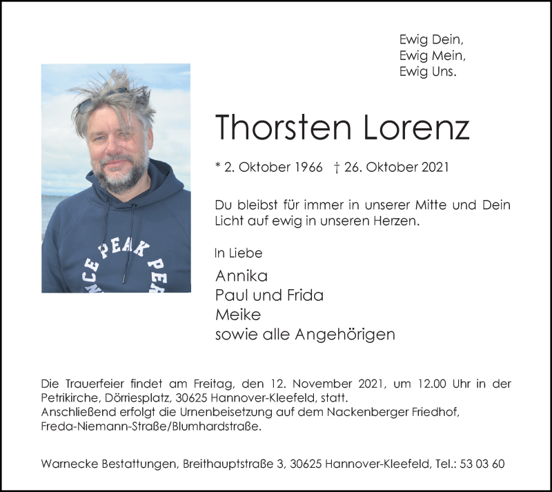  Traueranzeige für Thorsten Lorenz vom 06.11.2021 aus Hannoversche Allgemeine Zeitung/Neue Presse
