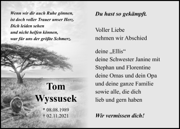 Traueranzeige von Tom Wyssusek von Ostsee-Zeitung GmbH