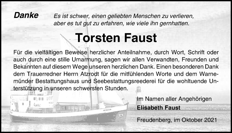  Traueranzeige für Torsten Faust vom 06.11.2021 aus Ostsee-Zeitung GmbH