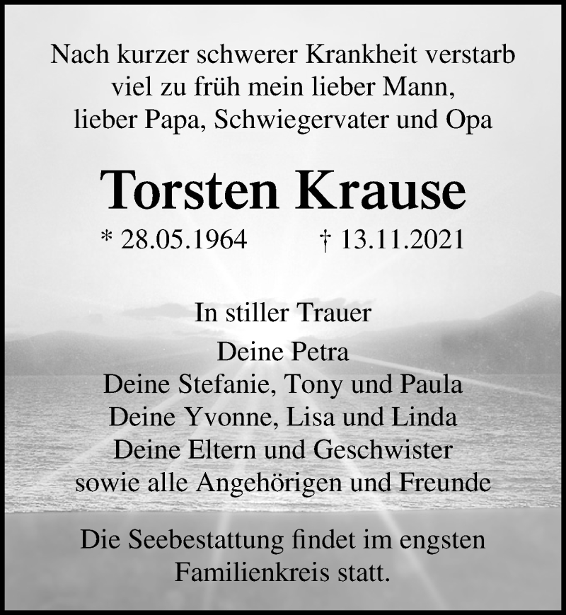  Traueranzeige für Torsten Krause vom 20.11.2021 aus Ostsee-Zeitung GmbH
