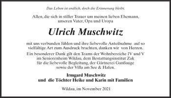 Traueranzeige von Ulrich Muschwitz von Märkischen Allgemeine Zeitung