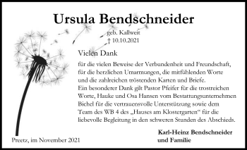 Traueranzeige von Ursula Bendschneider von Kieler Nachrichten