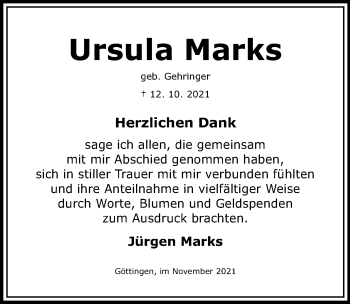 Traueranzeige von Ursula Marks von Göttinger Tageblatt