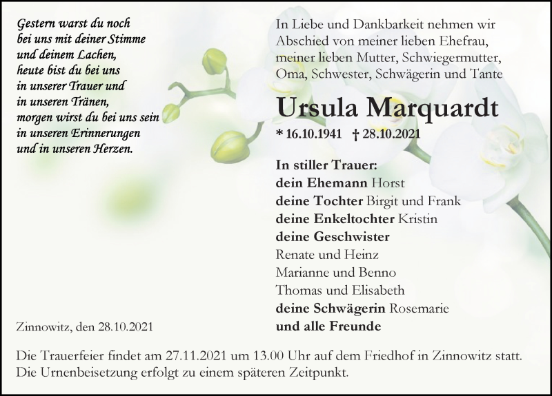  Traueranzeige für Ursula Marquardt vom 06.11.2021 aus Ostsee-Zeitung GmbH