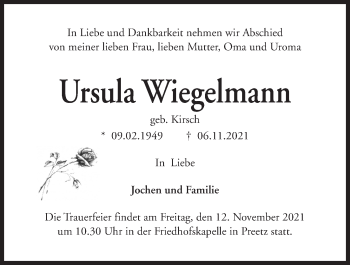 Traueranzeige von Ursula Wiegelmann von Kieler Nachrichten