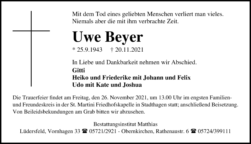  Traueranzeige für Uwe Beyer vom 23.11.2021 aus Schaumburger Nachrichten