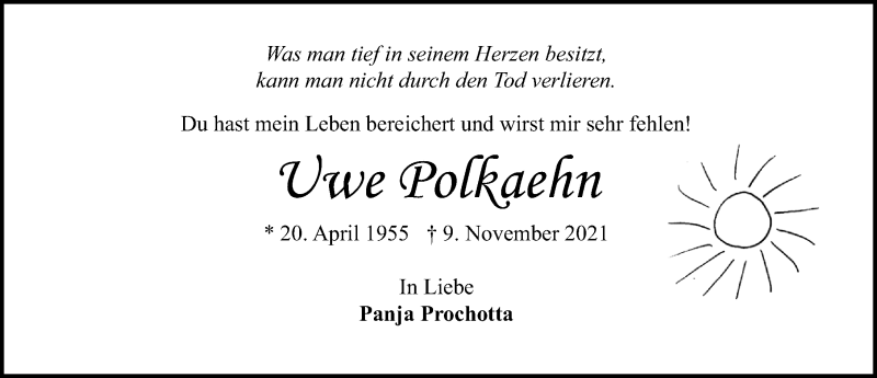  Traueranzeige für Uwe Polkaehn vom 14.11.2021 aus Lübecker Nachrichten