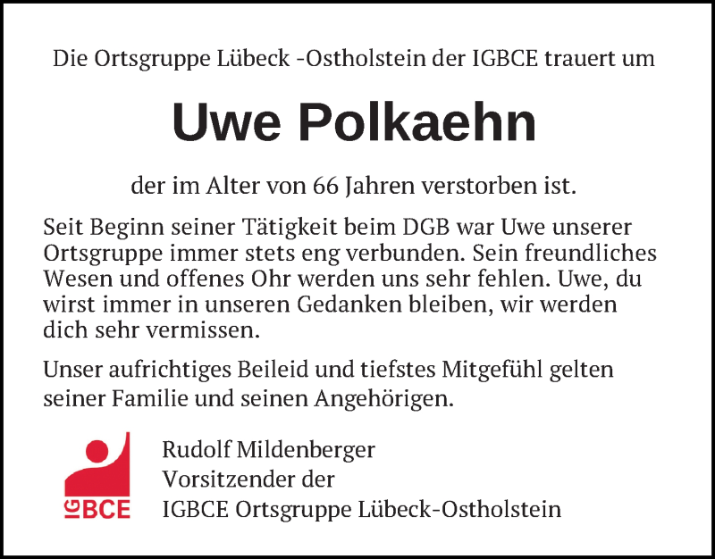  Traueranzeige für Uwe Polkaehn vom 16.11.2021 aus Lübecker Nachrichten